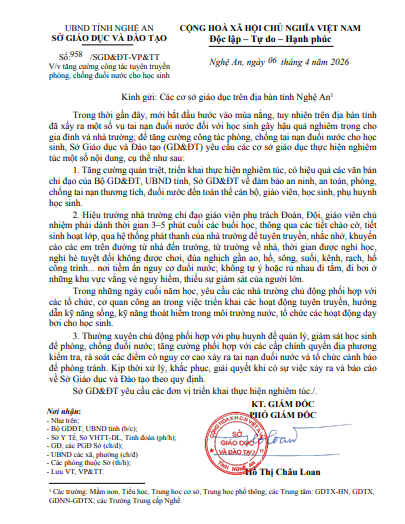 Công văn tuyên truyền phòng chống đuối nước cho học sinh